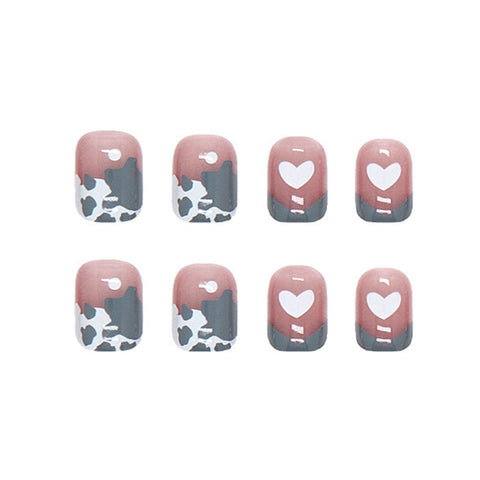 Easter  24PCS Short Press On Nails Cow Pattern & Heart Full Coverage Artificial Nails Fingers  Nail Free Shipping Items