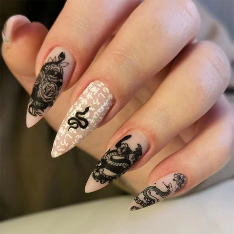 Beyprern Black Friday Big Sales White Nails Set Press On Medium Length Stiletto Fingernails With Snake Designs Faux Ongles