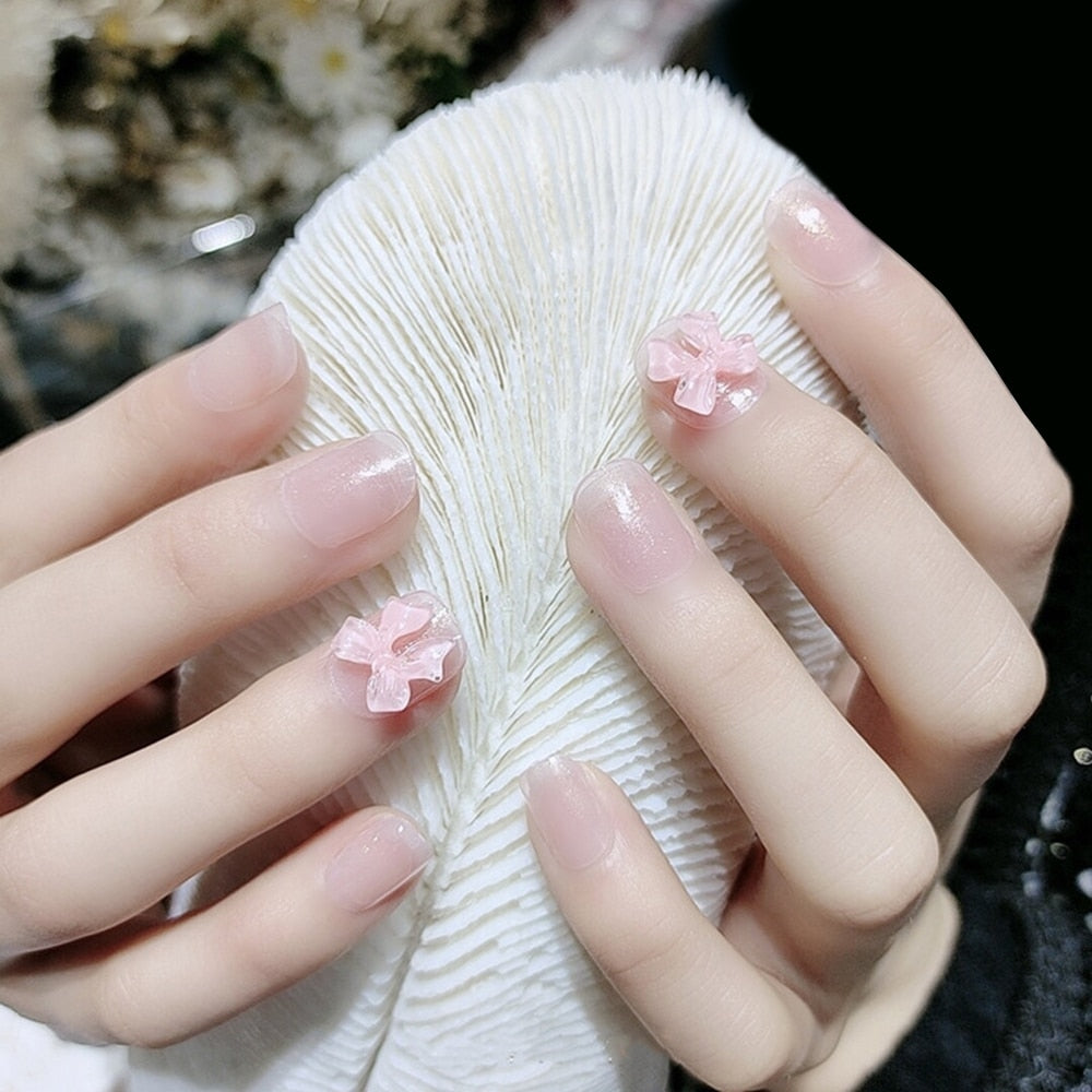Artificial Nails With Glue 24PCS Short Press On Nails Cute Pink Bow Design Fake Nails Full Coverage Nails TY