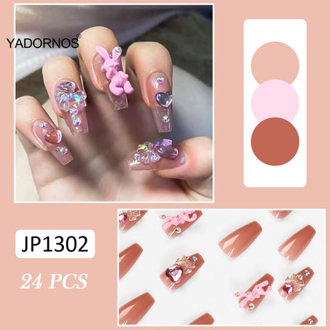 Japanese press on nails with design 3D Rabbits & Heart Sweet Style Full Coverage Nails Finished Nails Piece Removable Save Time
