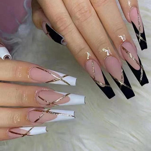 Beyprern Black French Pattern Design Fake Nails With Gold Lines Long Ballet Coffin Detachable Full Cover Press On False Nail Art Tips xj0827