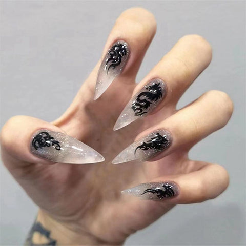 Beyprern 24Pcs Extra Long Almond False Nails With Dragon Pattern Designs Wearable French Fake Nails Full Cover Nail Tips Press On Nails