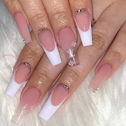 Beyprern Thanksgiving Day Gifts Nude Nails Press On Rhinestone XL Length Coffin Fake Nail Tips Pre Designed Z160