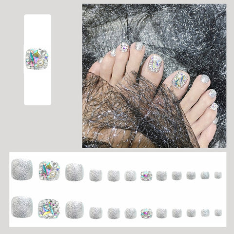 Press on Toenails With Glitter Silver Pre Decorated Nails Cute with Rhinestones Full Coverage Fake toe nail With Jelly Glue 2022