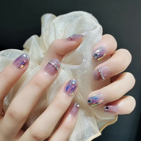 Fake Nails With Glitter Short Artificial Fingernails Purple Rhinestone Press On Nails Tips For Women Girl Full Cover Nail Tips