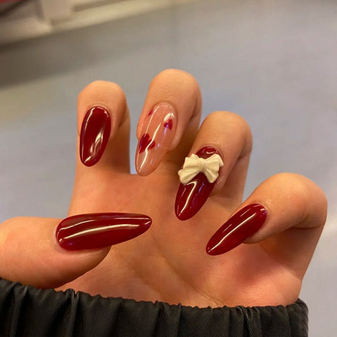 Beyprern 24Pcs/Box Detachable Coffin False Nails Red Heart Design Wearable Long Ballerina Fake Nail With Bow Almond Line Full Cover Nail