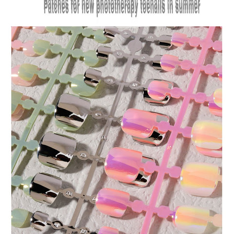24pcs Detachable For Foot Acrylic Square Aurora Mirror Fake Press On Nails Toe False Nails Girls
