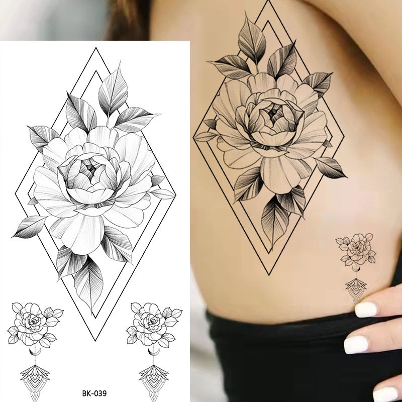 Beyprern Large Size Black Flower Pattern Fake Tattoo Sticker For Women Dot Rose Peony Temporary Tattoos DIY Water Transfer Tattoos Girls