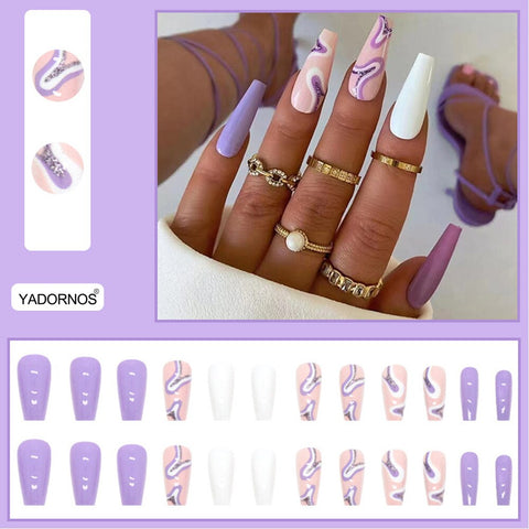 Beyprern Fake Nails Coffin 24Pcs Purple White With Lines Design Press On Nails For Women Artificial Nails Wearable Free Shipping Items