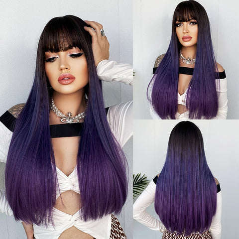 Thanksgiving Day Gifts Woman Synthetic Wig With Bangs Long Straight Wigs Fashion Blue Color Cosplay Fake Hair Female Natural Heat Resistant Wigs