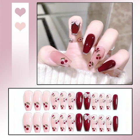 Beyprern Decorated False Nails 24Pcs Glossy Deep Red False Nails Cherry Pattern For Girls Artificial Wearable Full Cover Fake Nail Tips