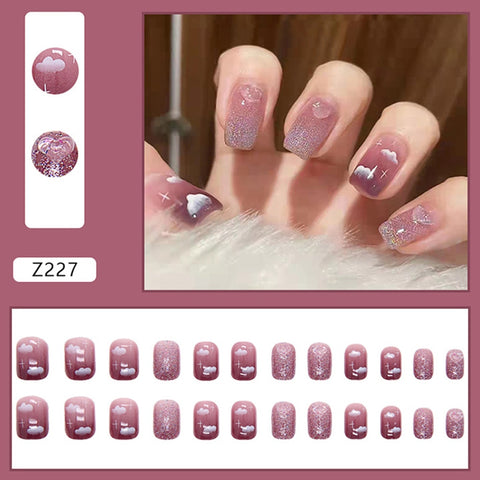 Easter  24PCS Short Nail Set Acrylic Stick On Cute Clouds Design Sweet Style Full Coverage Nail Tips Press Wiht Adhesive Glue 2022