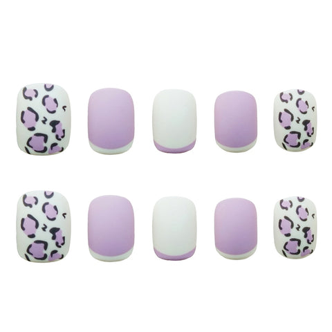 Easter  24PCS Short Press On Nails Nails With Designs Cute Purple Leopard Design Full Coverage Nails French Manicure Tips Nails