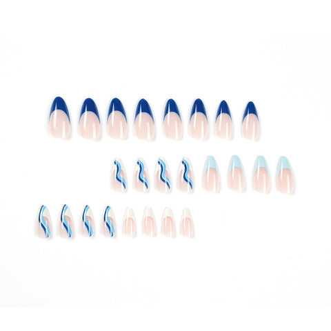 Beyprern 24Pcs Blue And White Color Contrast French Wave Press On Nails Detachable False Fingernail Almond Fake Nail Tips Manicure