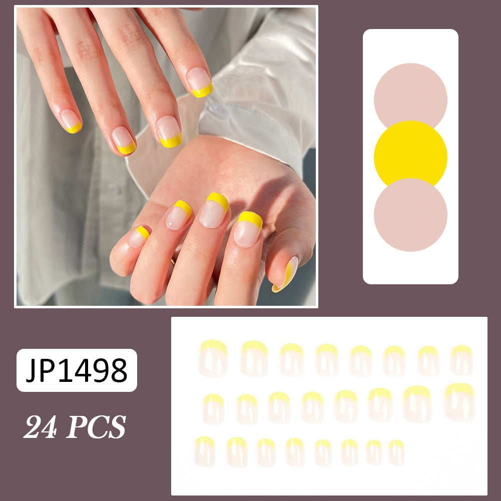 Thanksgiving Day Gifts 24Pcs False Nails Simple Yellow French Full Cover Fake Nail Stickers Short Square Artificial Manicure Nail Tips Press On Nails