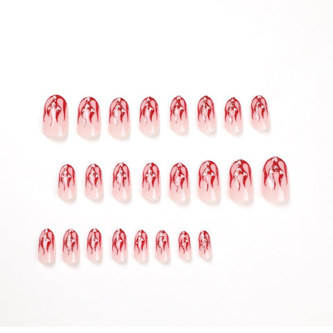 Beyprern 24Pcs Red Flame Press On Nails Kit Glitter Wearing False Nails White Love Pattern Fake Nails Full Cover Oval Manicure Hot Nails