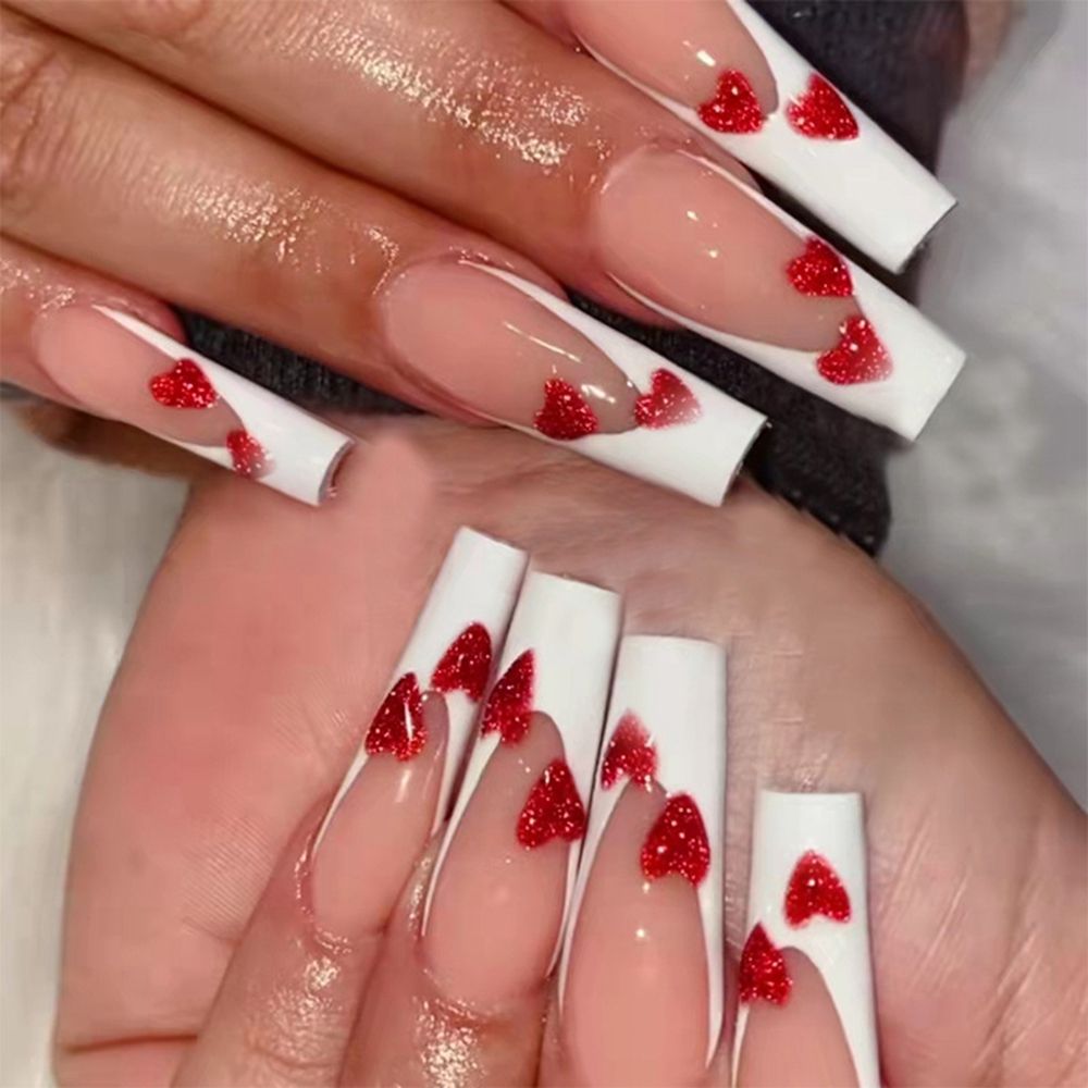 Easter  24Pcs Detachable Long Red Heart False Nails Geometric Wearable Pattern French Fake Nails Full Cover Nail Tips Press On Nails