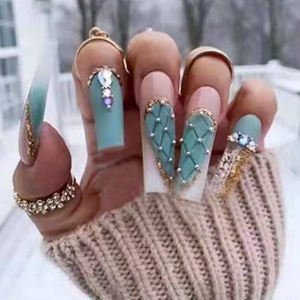 Beyprern Press On Nails Long Coffin False Nails French Ballerina Green Plaid with Diamond Gold Foil Design Fake Nails Full Cover Nail Tip