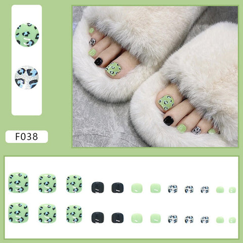 Thanksgiving Day Gift 24Pcs Fake Toenails French Green Leopard Design Summer Fresh Detachable False Nails Press On Toenails Acrylic Manicure Nail Tips