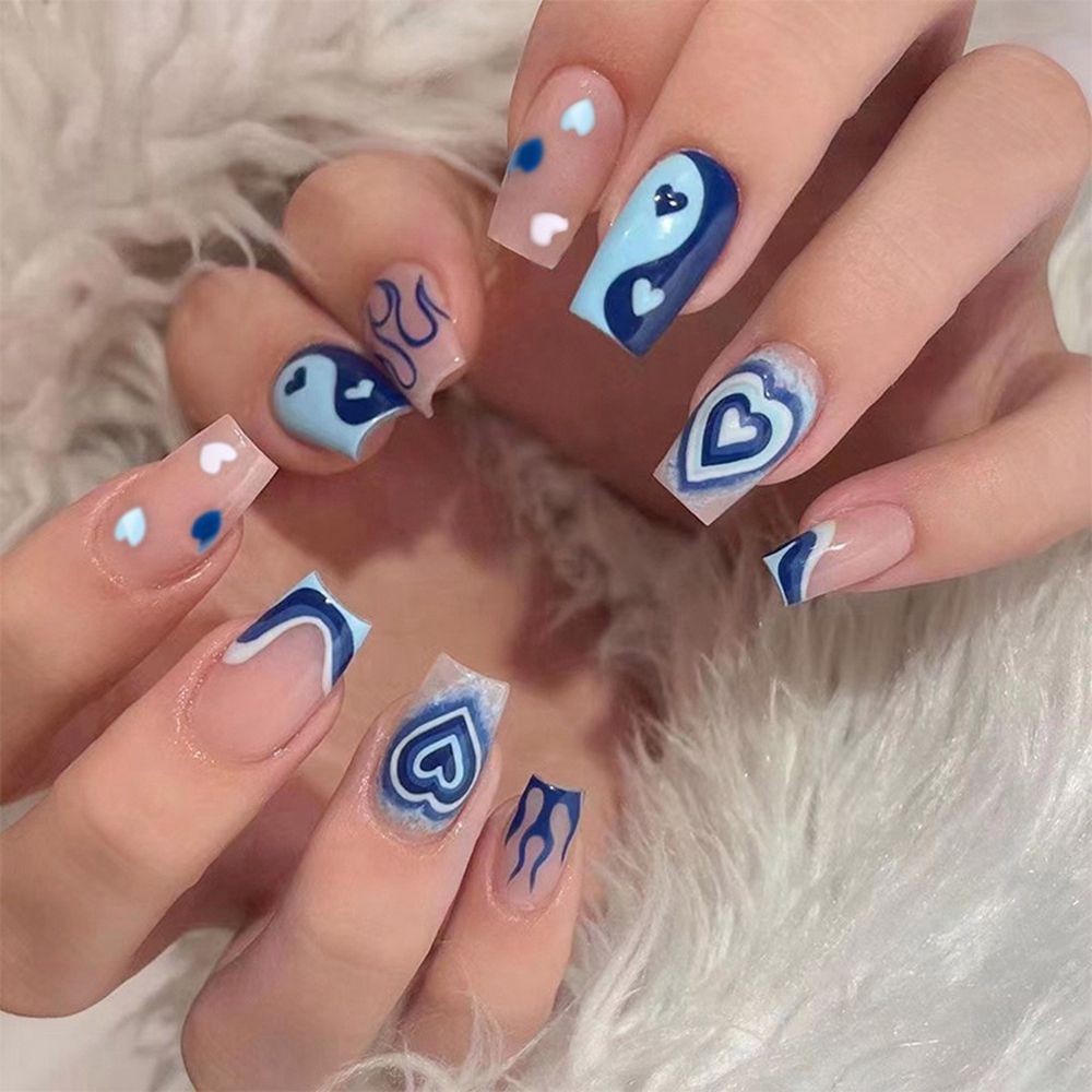 Beyprern 24Pcs Mid Length Blue Flame Yin Yang Love Wearing Fake Nails Ballerina Coffin Full Cover Manicure Press On Geometry False Nails
