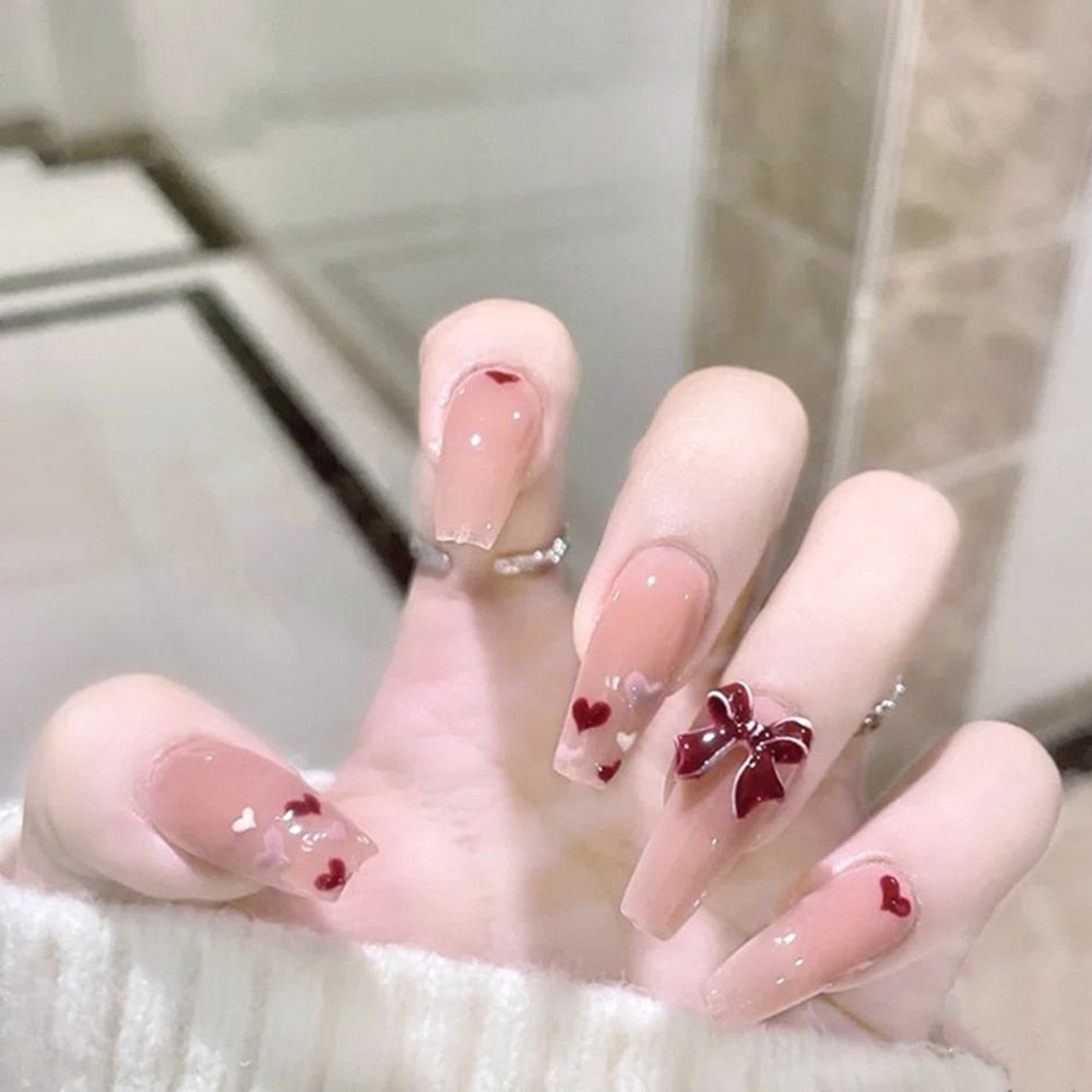 Beyprern Fake Finger Press On Nails Heart 24PCS Long Ballet Nails Japanese Full Cover Nail Tips Design Nail For Girls Free Shipping Items