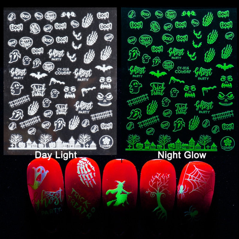 Beyprern 3D Luminous Halloween Nail Stickers Decals Spider Web Halloween Black White Glowing In The Dark Nail Art Sliders Foils Tattoo