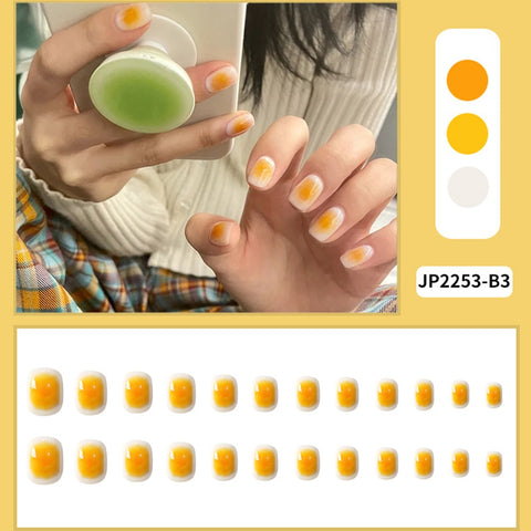 Easter  24PCS Press On Acrylic Nails Short Yellow Fake Nail Sweet Style Short Paragraph Manicure False Nails With Adhesive Strips