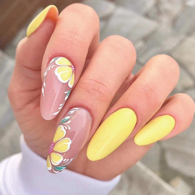 Beyprern Press On Acrylic Yellow Nails Almond  Bulk