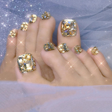 Black Friday Sales 24Pcs Summer Full Diamond False Toe Nail Shiny Silver Fake Glitter Nails Beautiful Girl Full Cover Artificial Removable Nail Art