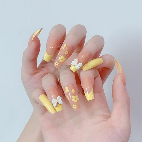 Easter  2022 Spring Flower False Nails Press On Nails Fashion Ballerina Wearable Fake Nails with Bow Design Full Cover Coffin Nail Tips