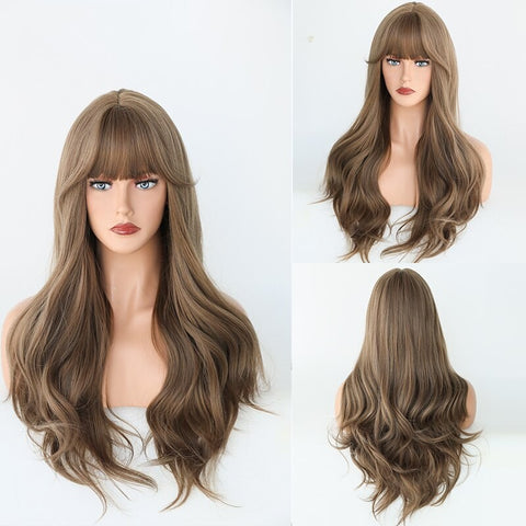 Cyber Monday Big Sales Natural Black Wigs Long Wavy Synthetic Wigs With Bangs For Women Cosplay Hair Big Wave Wig Heat Resistant Light Brown Wigs