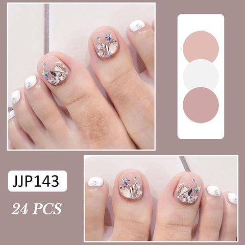 Thanksgiving Day Gift 24Pcs False Toe Nails Silver Star Diamond Press On Toenail Tips Removable Short Faux Ongles Manicure French Fake Nail For Feet