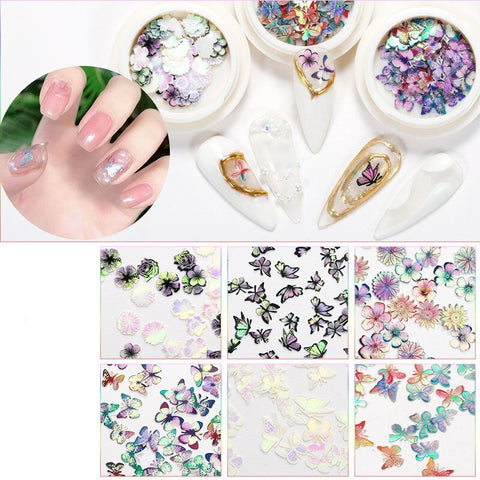 Beyprern 2Boxes Nail Art Accessories Wood Pulp Chips Aurora Laser Butterfly Flower For Nail Decorations DIY Colorful Nail Charms Supplies
