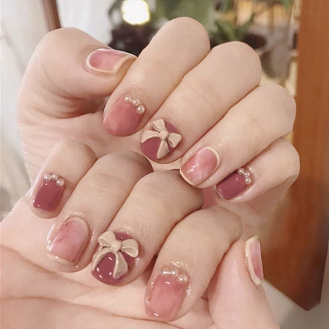 Beyprern Wearable Love Spotted Sequin Bow Almond Ballerina False Nails Artificial Fake Nails Full Cover Square Head Nail Tips Manicure