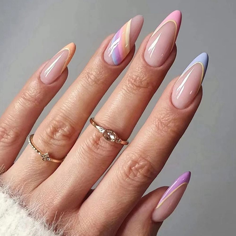 Beyprern Simple French Wearable False Nails Almond Colorful Stripes Colorblock Design Manicure Fake Nails Line Full Cover Press On Nail