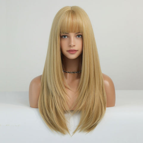 Beyprern Ombre Women Wavy Wig With Bangs Synthetic Heat Resistant Blonde Wigs For Woman Cosplay Daily Party Long Straight Wigs