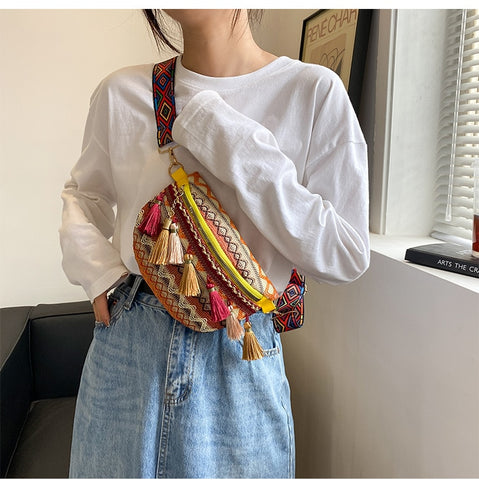 Women Ethnic Style Wallets With Adjustable Strap Variegated Color Fanny Pack With Fringe Decor Crossbody Chest Bags Waist Bag