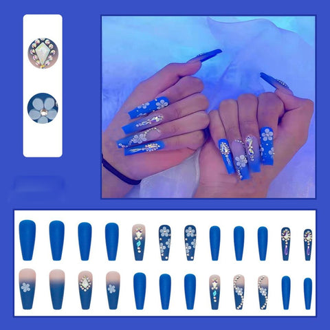 Beyprern 24pcs French False Nails Detachable Gradient Blue Flower Wedding Bride Ballerina Nail Art Tips with Glue Long Coffin Fake Nails