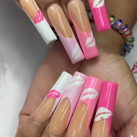 Beyprern 24Pcs Gradient Pink Long Coffin False Nails With Lips Design French Ballerina Fake Nails Full Cover Nail Tips Press On Nails