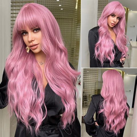 Cyber Monday Big Sales Long Natural Wavy Pink Hair Wigs With Bangs For Women Synthetic Cosplay Party Daily Use Heat Resistant