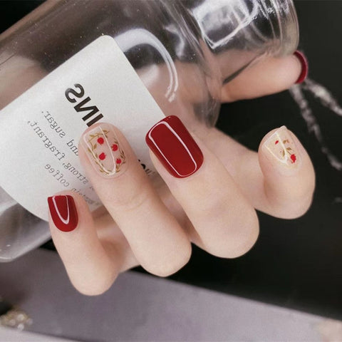 Fashion Short Square False Nails Chinese red Removable Nail Finished Products Nail Patch Fake Nails