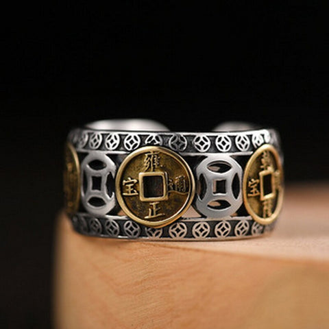 Vintage Money Copper Lucky Coin Rings Women Men Good Lucky Wealth Amulet For Success Prosperity Open Ring Birthday Jewelry Gift