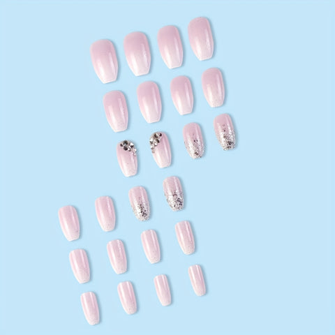 Beyprern - 24 Pcs Glossy Short Coffin Press On Nails Pink And White French Style False Nails With Rhinestone Reusable Fake Nails