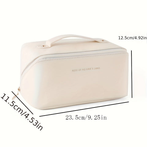 Waterproof Travel Cosmetic Bag With Dividers And Handle - Large Capacity Makeup Toiletry Bag For Women - Multifunctional Storage Bag With PU Leather Material