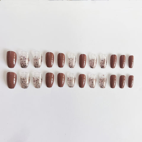 Beyprern - 24 pcs Shimmer Ballerina Press On Nails - Medium Brown Coffin Design - Glossy False Nails for Women and Girls - Easy to Apply and Remove - Long-Lasting and Durable