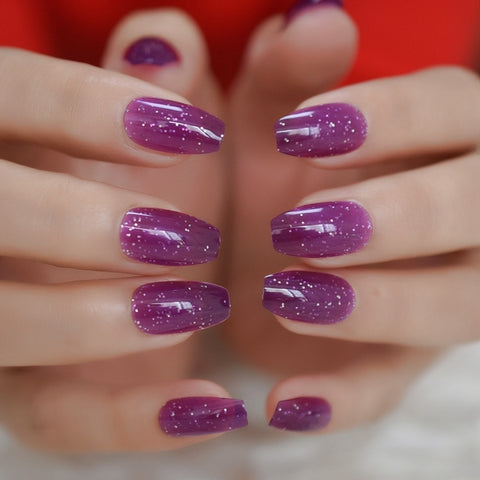 Beyprern Pure Color Nails UV Polish Oval Faux Nails Light Taro Purple Glossy Nail Artificial Tips with Gluetabs 24pcs