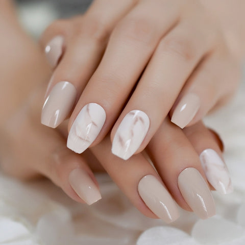 Natural Nude Color Press On Nails Marble White Artificial False Nails Square Short Glossy Pattern Tips with Glue Sticker