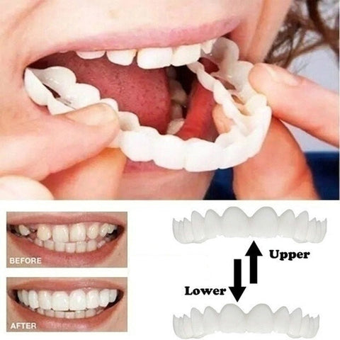 Beyprern 2PCS Upper 2PCS Lower Denture Teeth Whitening Fake Tooth Cover Comfort Fit Snap On Silicone Beauty Veneers Teeth Cosmetic Teeth