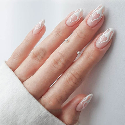 24pcs White Stripe Wear Long Paragraph Fashion Manicure Patch False Nails Save Time Wearable Nail Patch With Glue Fake Nails