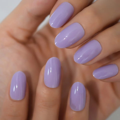 Beyprern Pure Color Nails UV Polish Oval Faux Nails Light Taro Purple Glossy Nail Artificial Tips with Gluetabs 24pcs